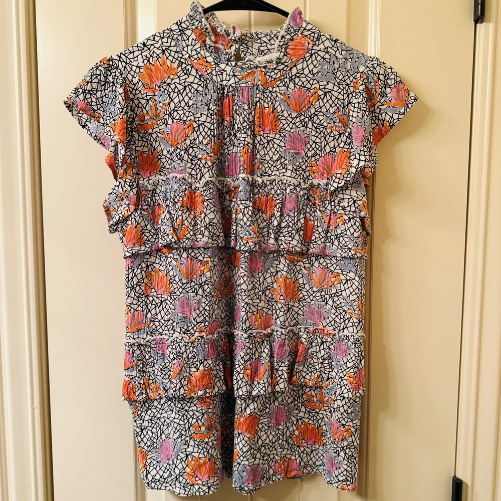 THML Floral Ruffle Tiered Top Small High Neck Geometric Abstract Flutter Sleeve